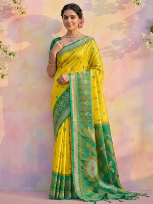 Elegant Lemon Yellow Ikat Woven Silk Blend Saree Featuring A Traditional Motif Pallu With Tassel Accents - Image 1