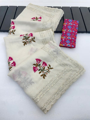 Offwhite Vichitra Silk Saree with Artistic Floral Embroidery and Rich Silk Texture - Image 2