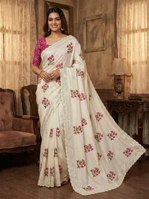 Offwhite Vichitra Silk Saree with Artistic Floral Embroidery and Rich Silk Texture - Image 1