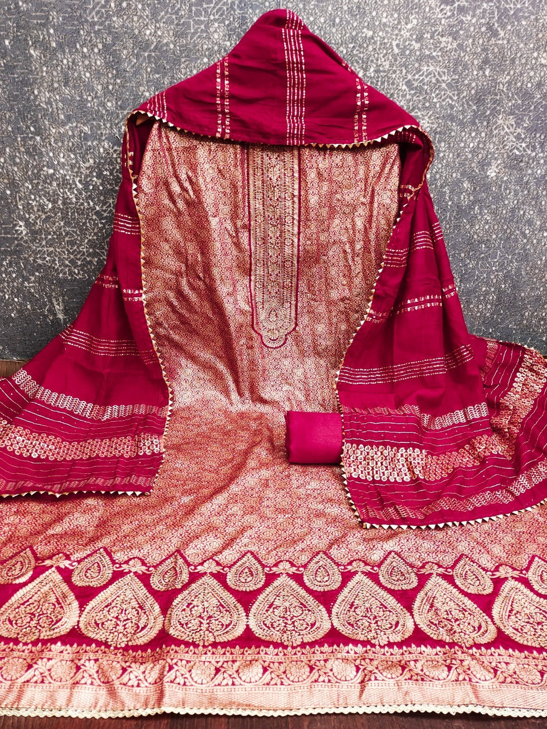 Luxurious Rani Pink Floral Woven Art Silk Dress Material Adorned With Swarovski Work - Image 4