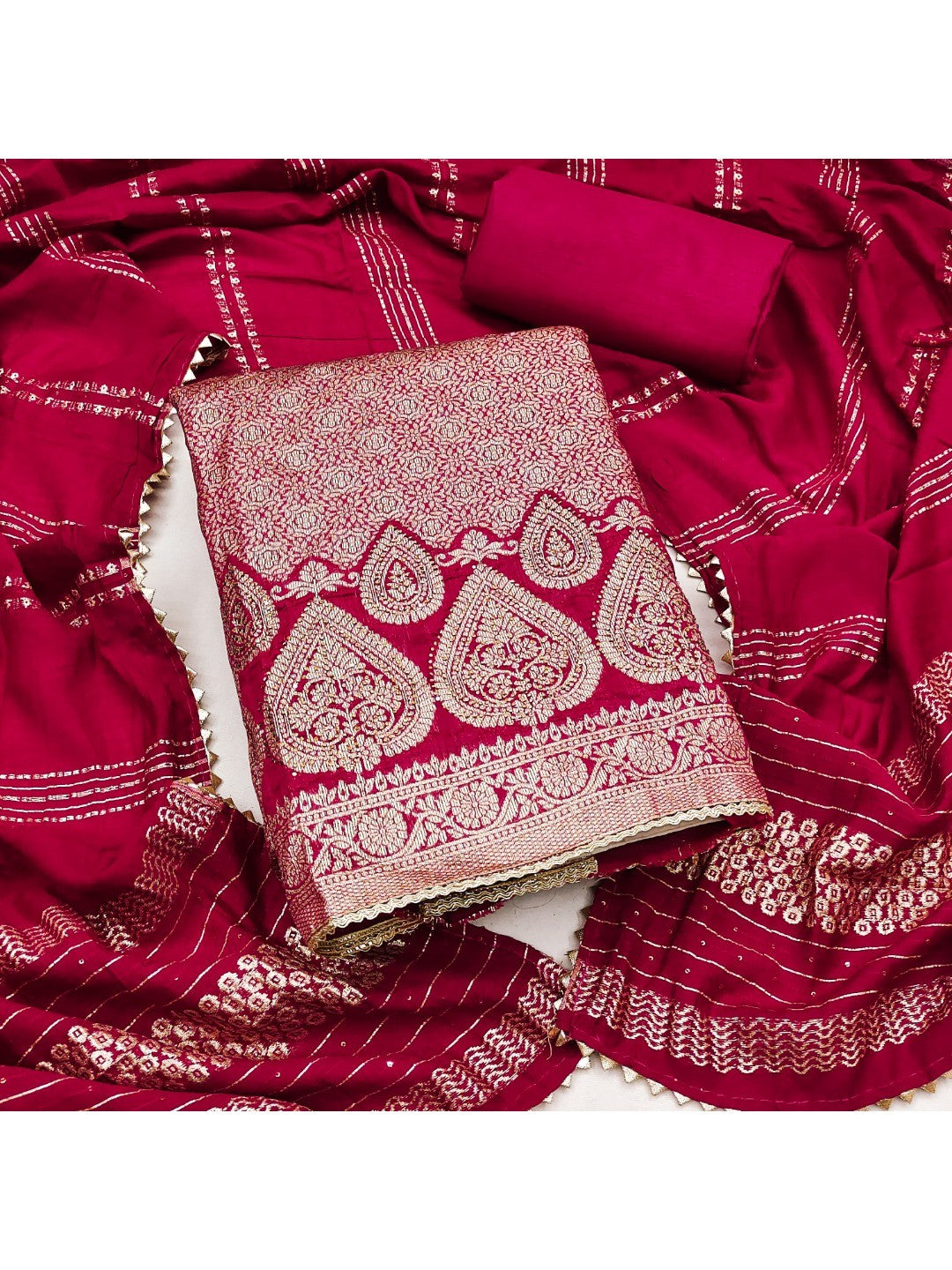 Luxurious Rani Pink Floral Woven Art Silk Dress Material Adorned With Swarovski Work - Image 3