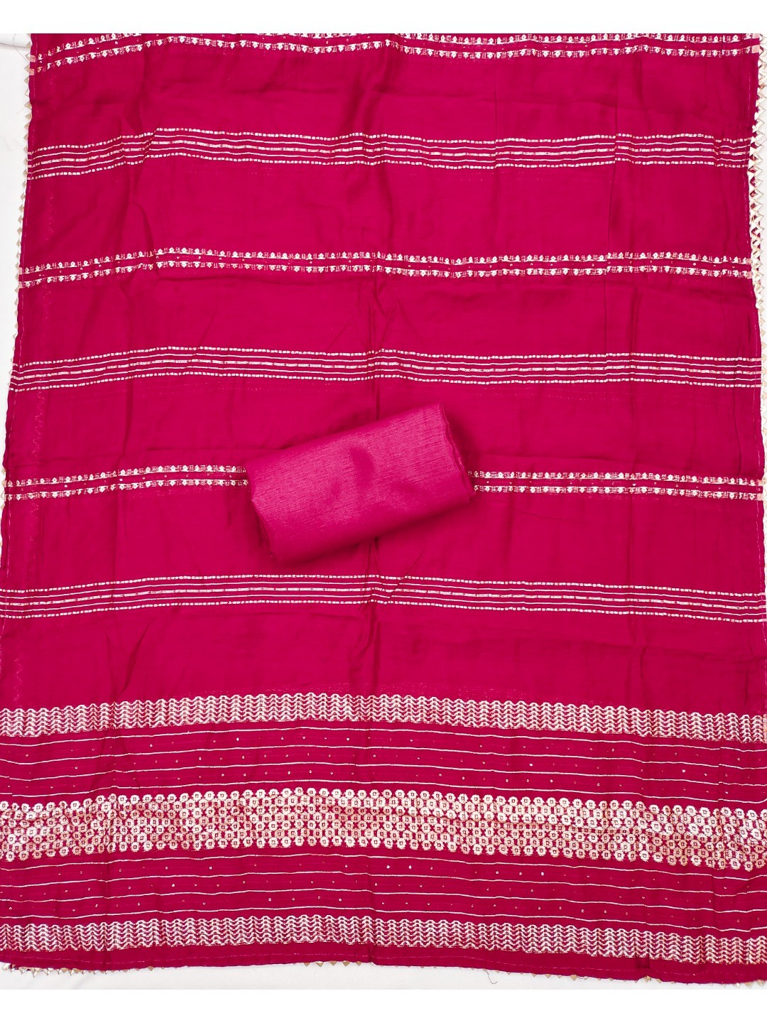 Luxurious Rani Pink Floral Woven Art Silk Dress Material Adorned With Swarovski Work - Image 2