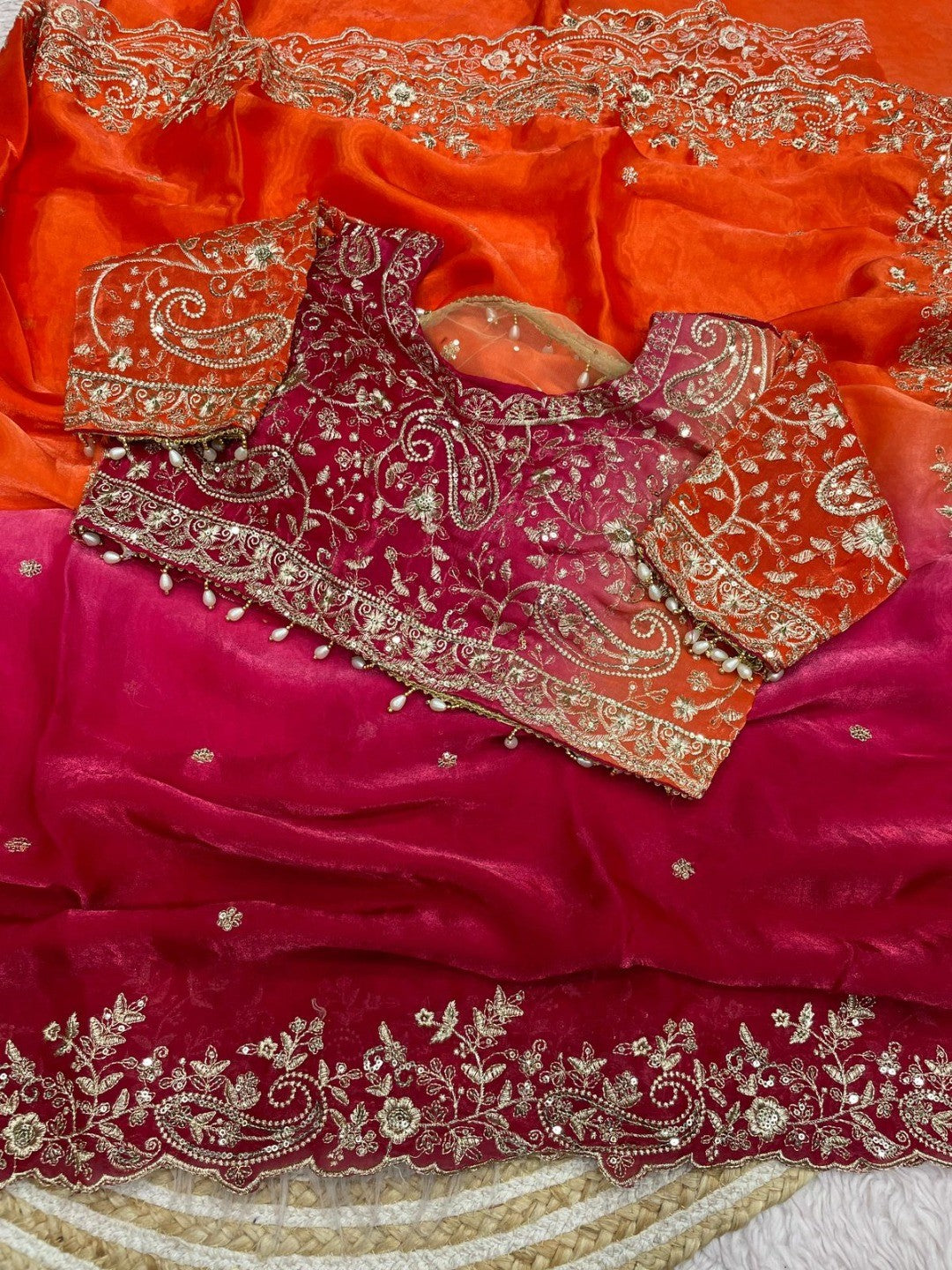 Elegant Orange Organza Satin Silk Embroidered Saree for Festive Occasions - Image 2