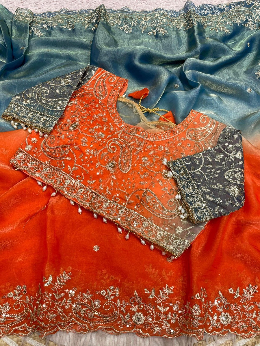 Elegant Orange & Blue Organza Satin Silk Embroidered Saree for Festive Occasions - Image 3