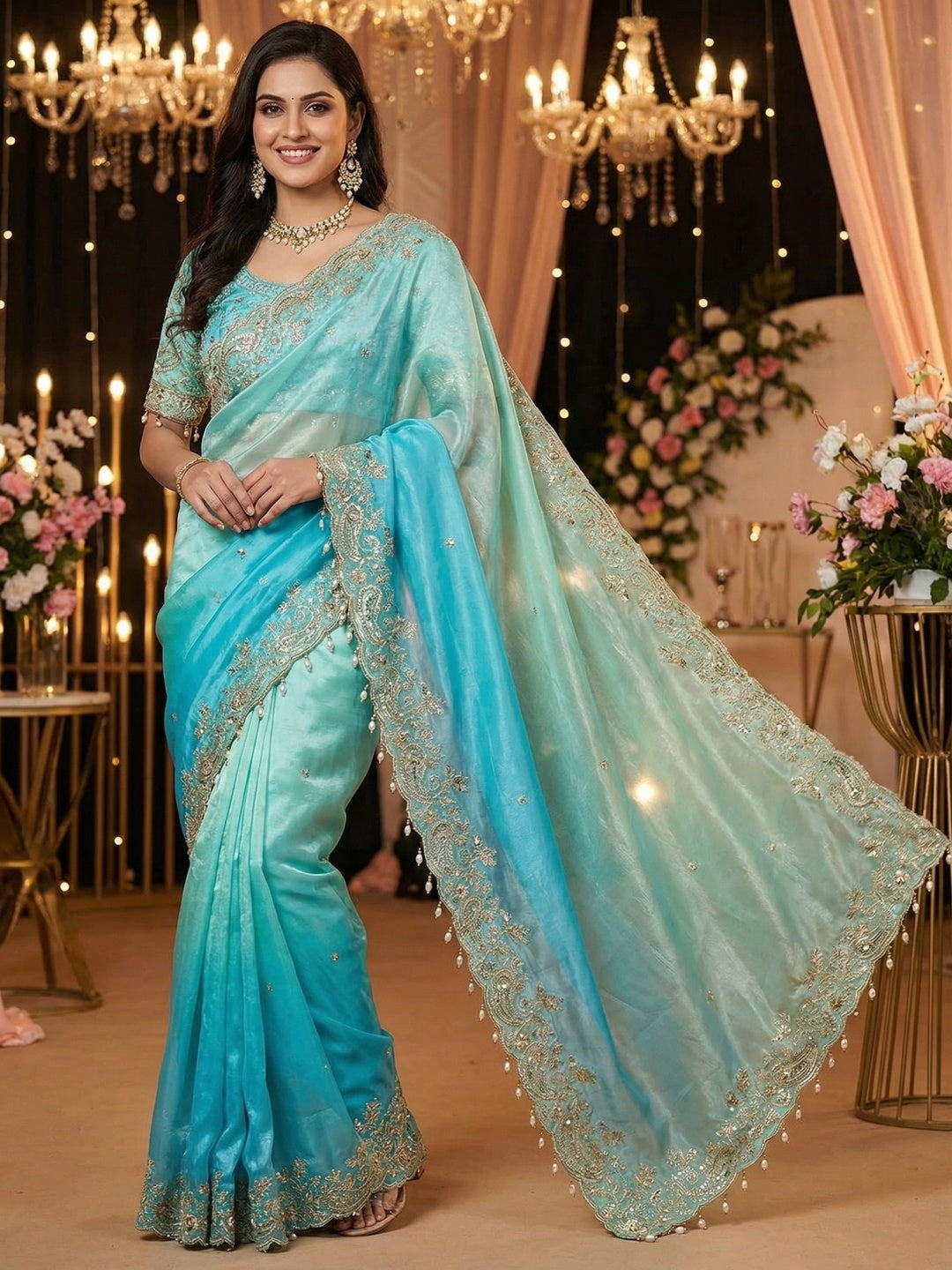 Elegant Turquoise & Blue Organza Satin Silk Embroidered Saree for Festive Occasions - Image 1