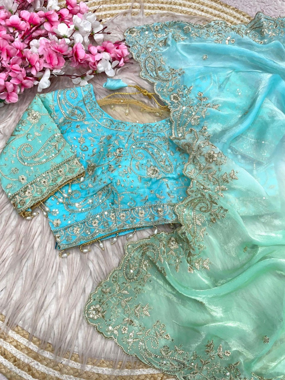 Elegant Turquoise & Blue Organza Satin Silk Embroidered Saree for Festive Occasions - Image 3