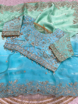 Elegant Turquoise & Blue Organza Satin Silk Embroidered Saree for Festive Occasions - Image 2