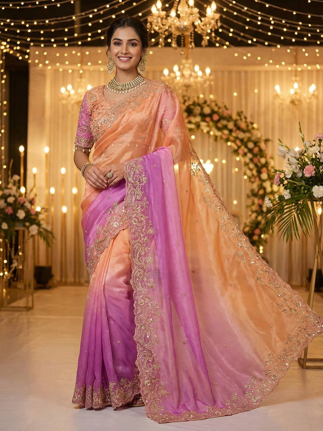 Elegant Orange & Purple Organza Satin Silk Embroidered Saree for Festive Occasions - Image 1