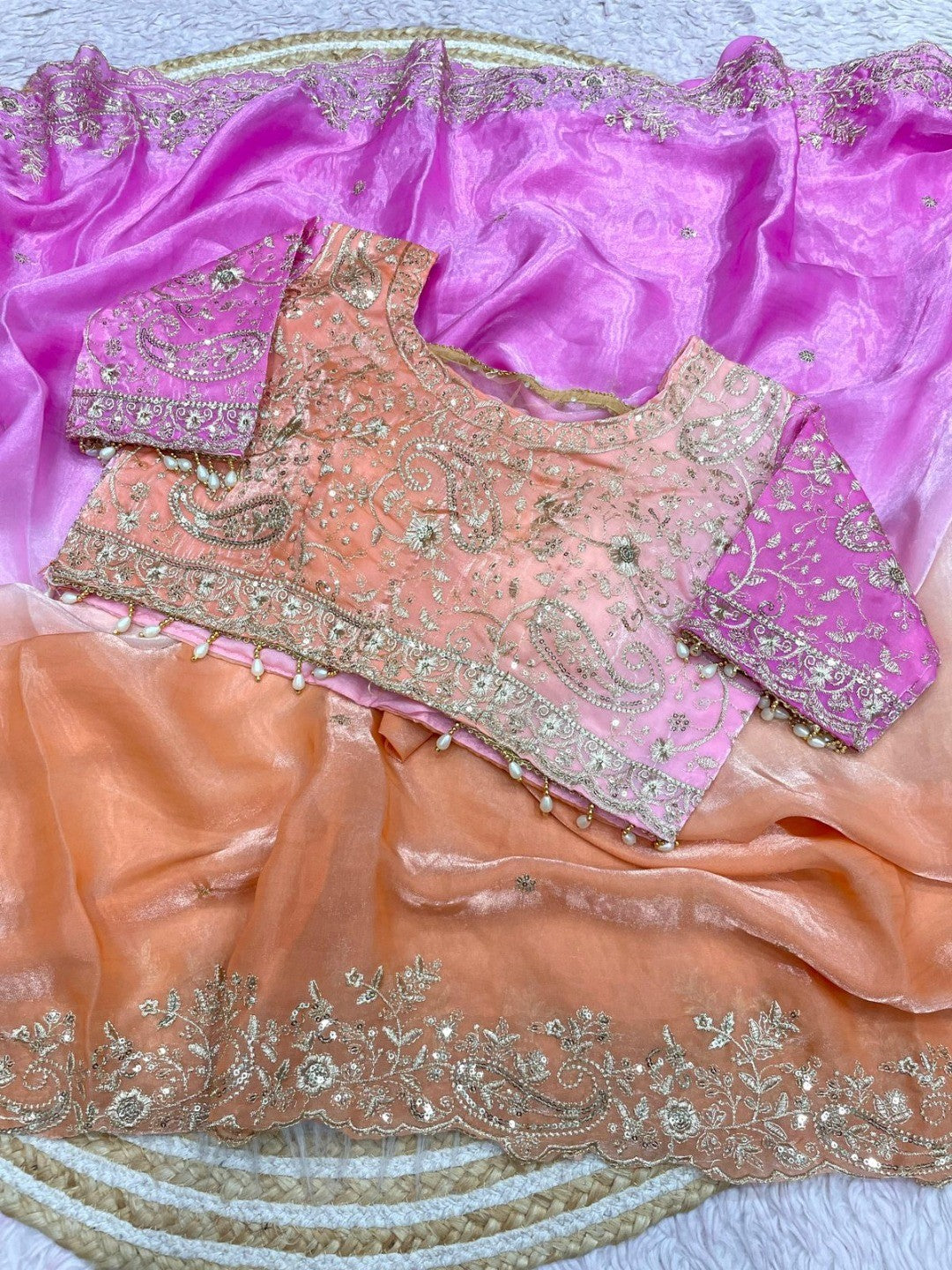 Elegant Orange & Purple Organza Satin Silk Embroidered Saree for Festive Occasions - Image 2