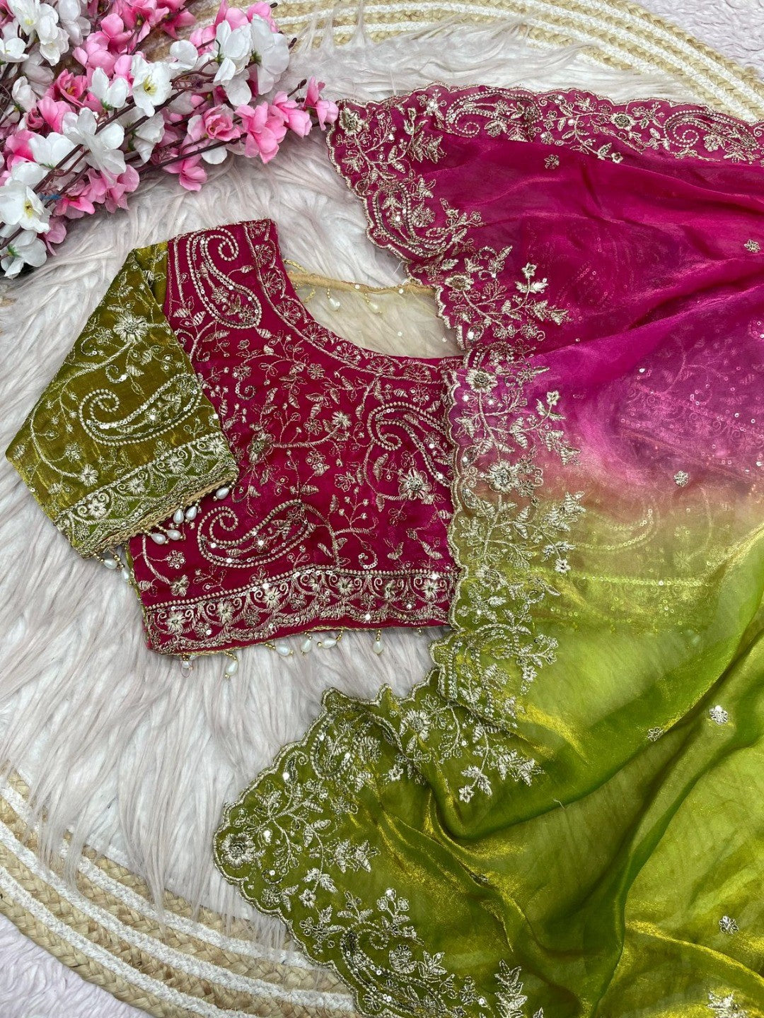 Elegant Green & Pink Organza Satin Silk Embroidered Saree for Festive Occasions - Image 3