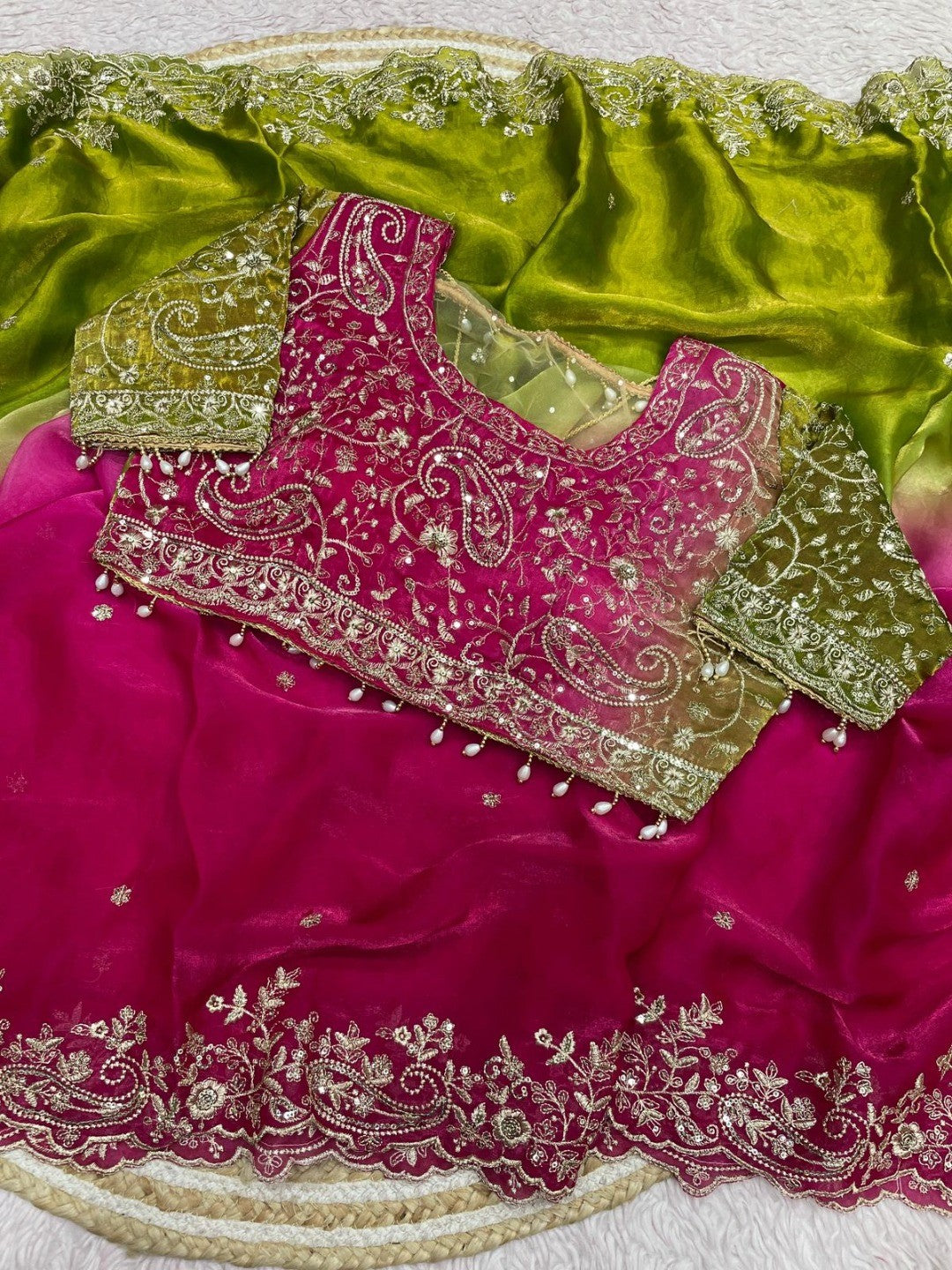 Elegant Green & Pink Organza Satin Silk Embroidered Saree for Festive Occasions - Image 2
