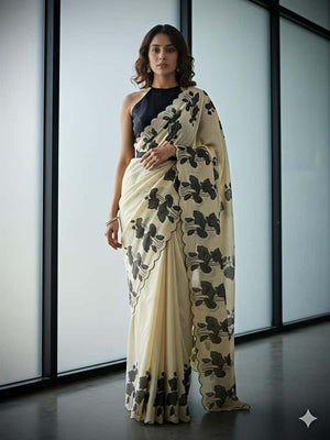 Timeless Cream Floral Print Tussar Silk Saree For Effortless Sophistication - Image 1