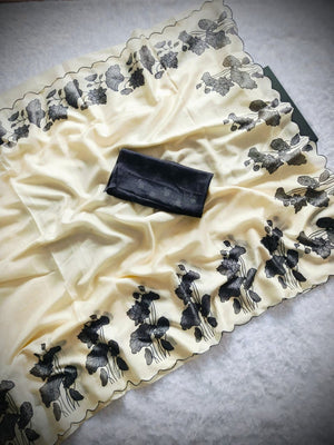 Timeless Cream Floral Print Tussar Silk Saree For Effortless Sophistication - Image 2