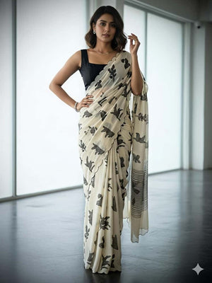 Chic Cream Floral Printed Tussar Silk Saree Featuring A Lightweight Luxe Drape - Image 1