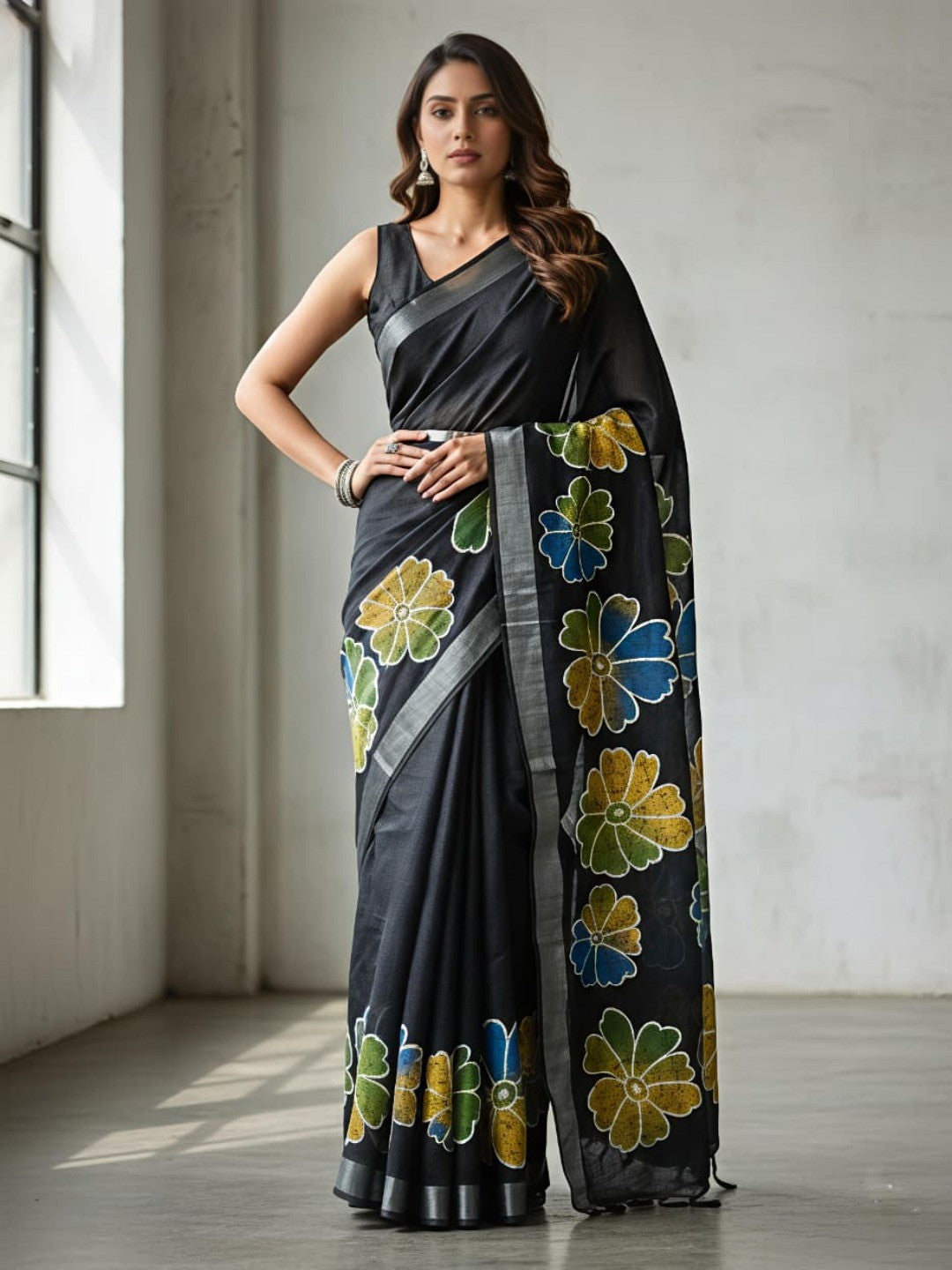 Elegant Black Linen Saree with Floral Batik Print and Silver Border - Image 1