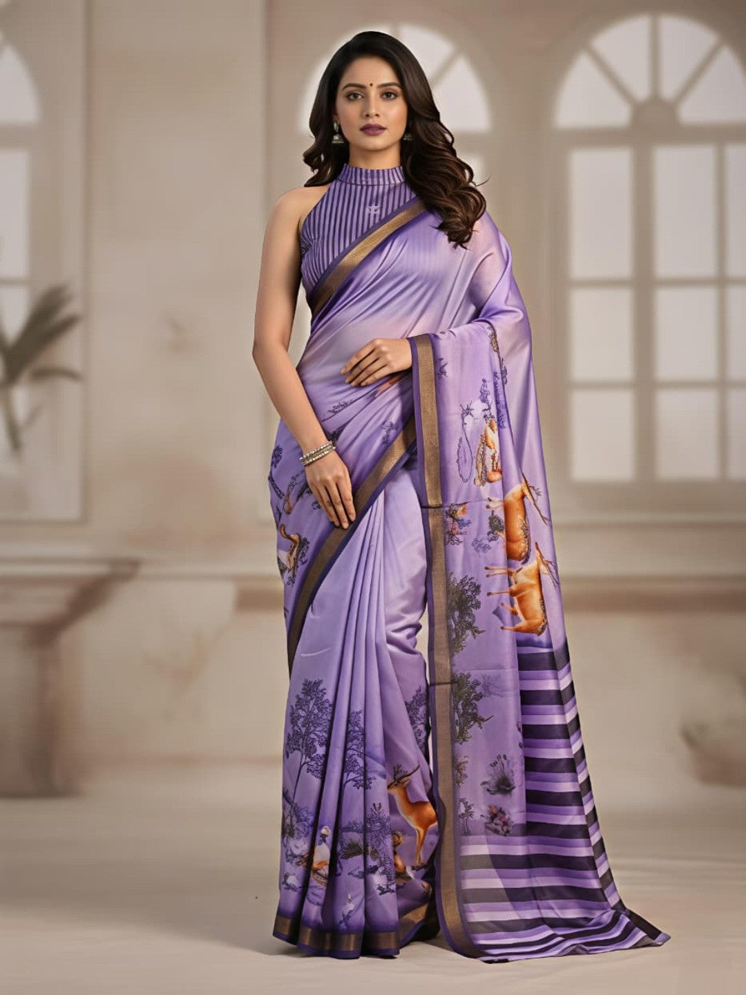 Premium Purple Digital Deer Motif Printed Mulmul Cotton Saree With Delicate Zari Border - Image 1