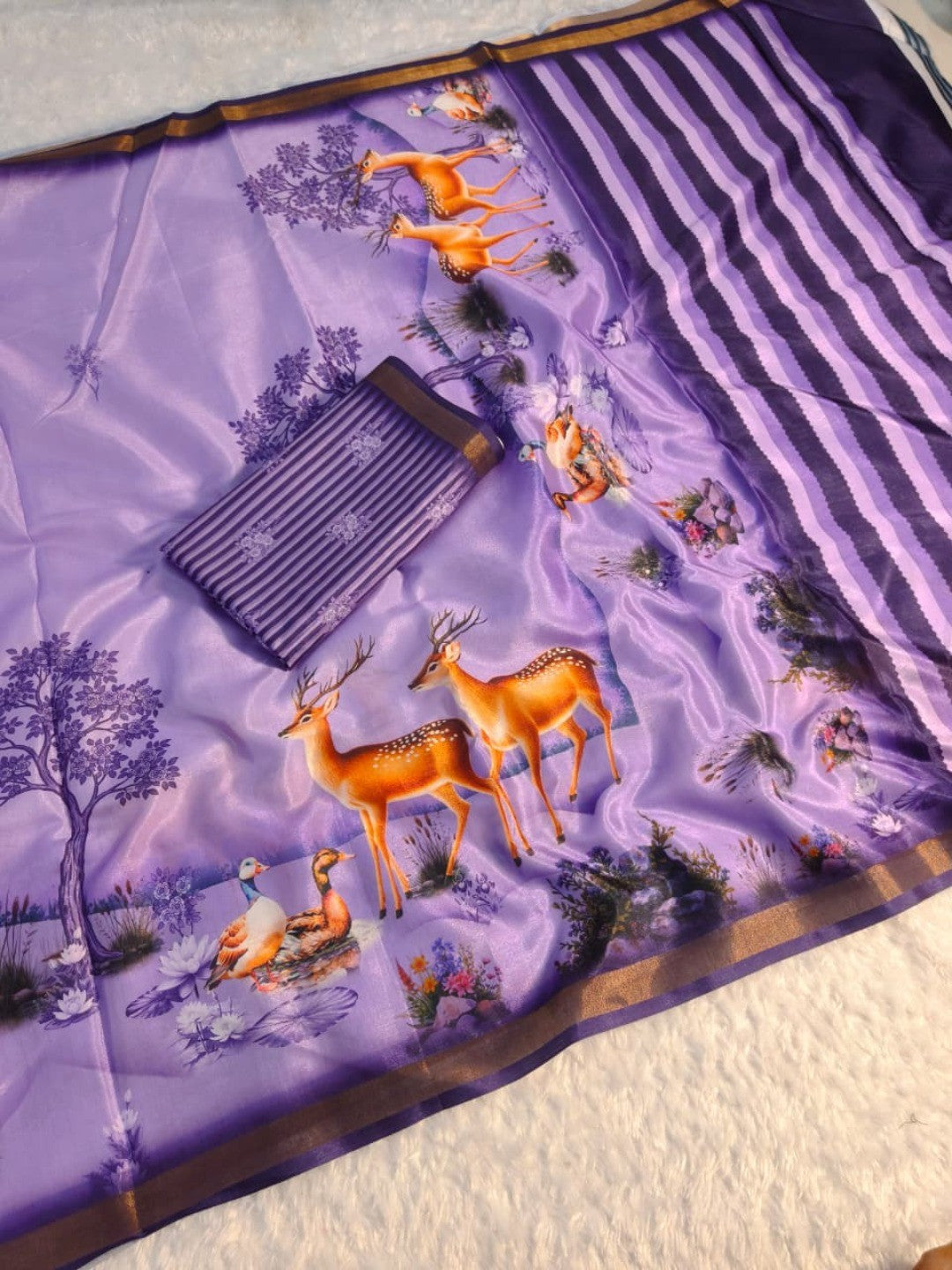 Premium Purple Digital Deer Motif Printed Mulmul Cotton Saree With Delicate Zari Border - Image 2