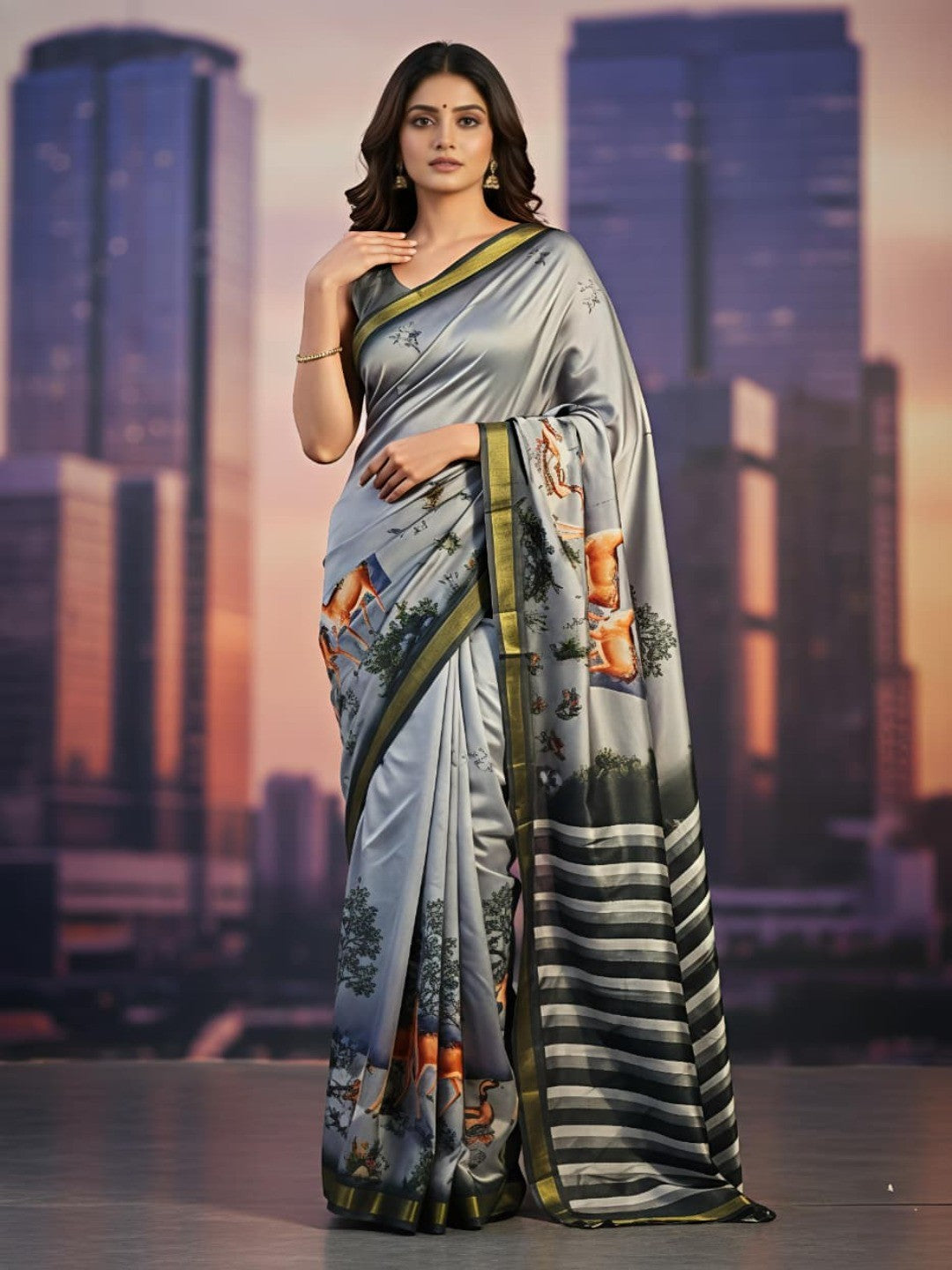 Premium Grey Digital Deer Motif Printed Mulmul Cotton Saree With Delicate Zari Border - Image 1