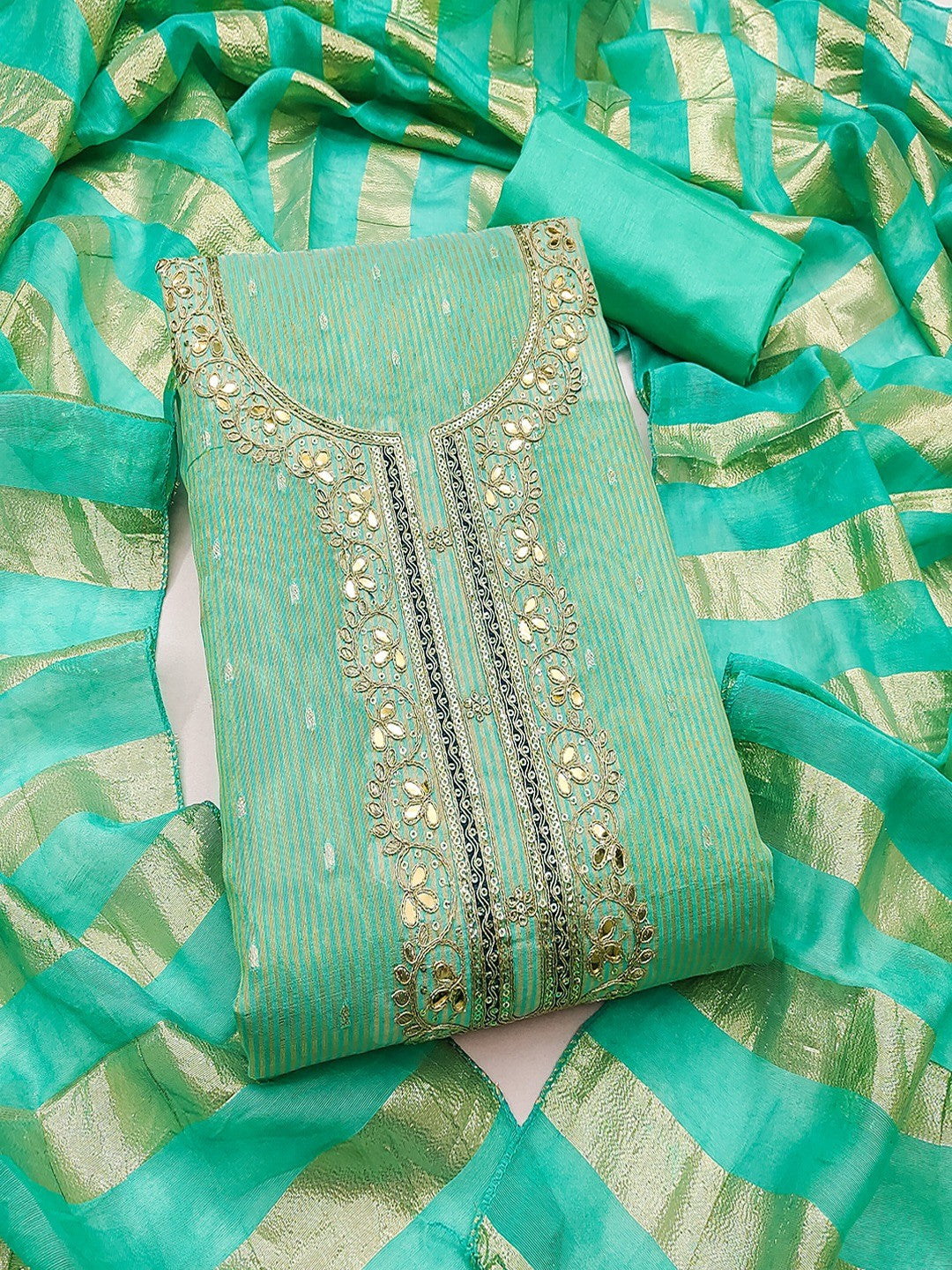 Turquoise Striped Weaving Shimmer Dress Material With Intricate Cording Embroidery & Sequins - Image 1