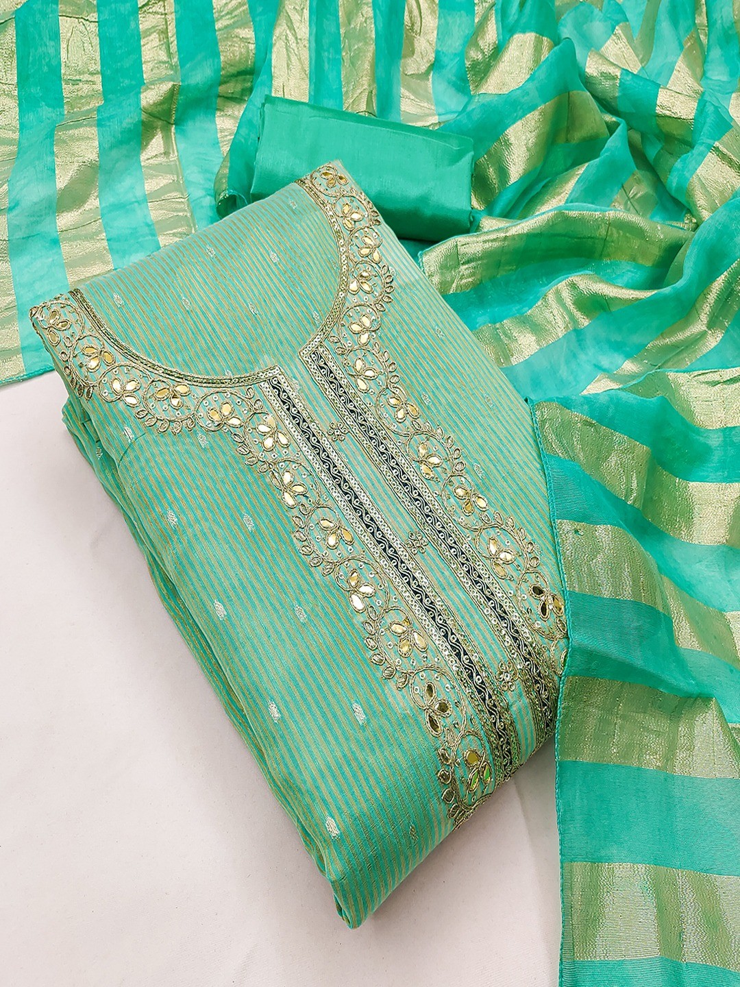 Turquoise Striped Weaving Shimmer Dress Material With Intricate Cording Embroidery & Sequins - Image 3