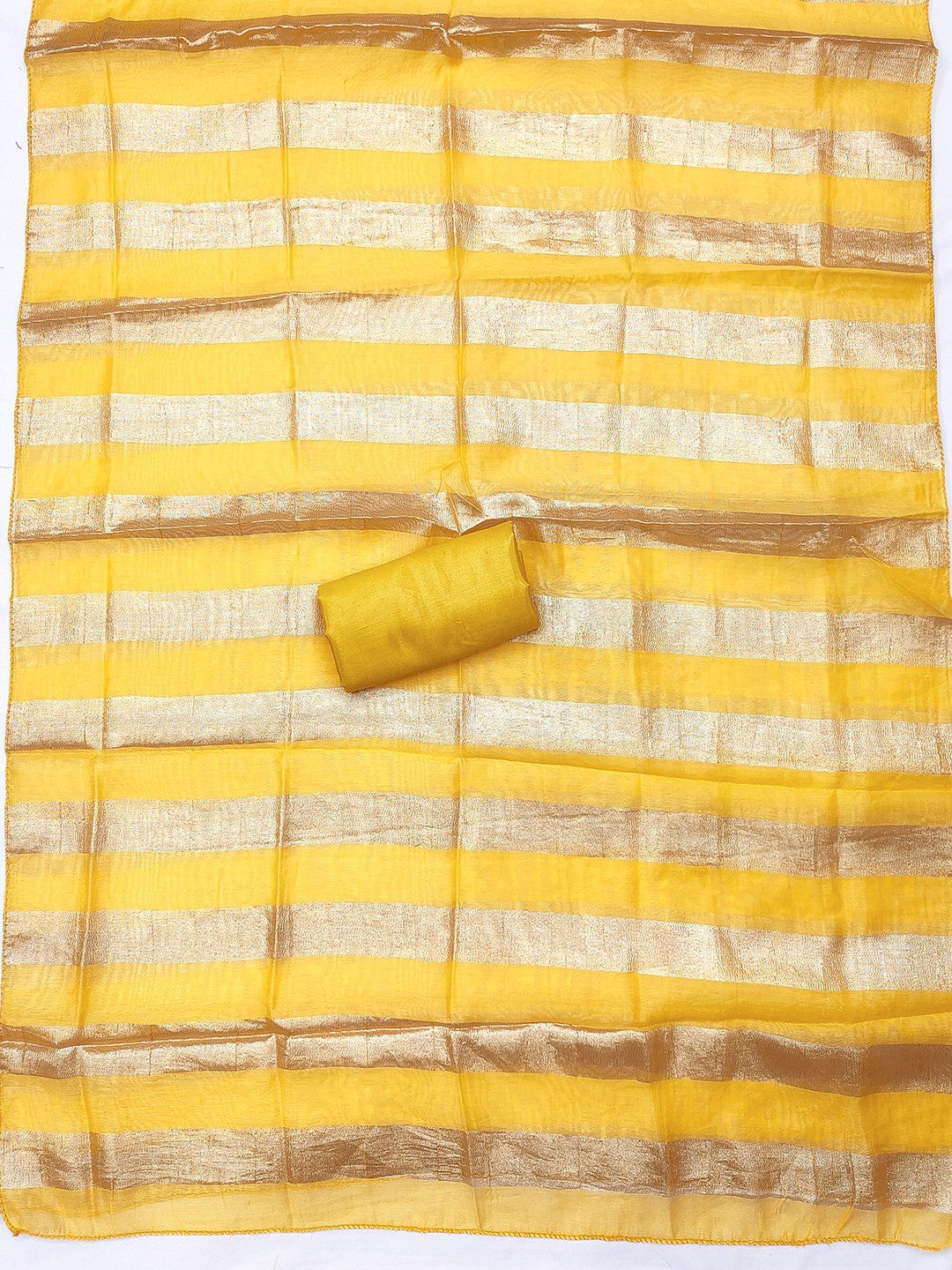 Yellow Striped Weaving Shimmer Dress Material With Intricate Cording Embroidery & Sequins - Image 5