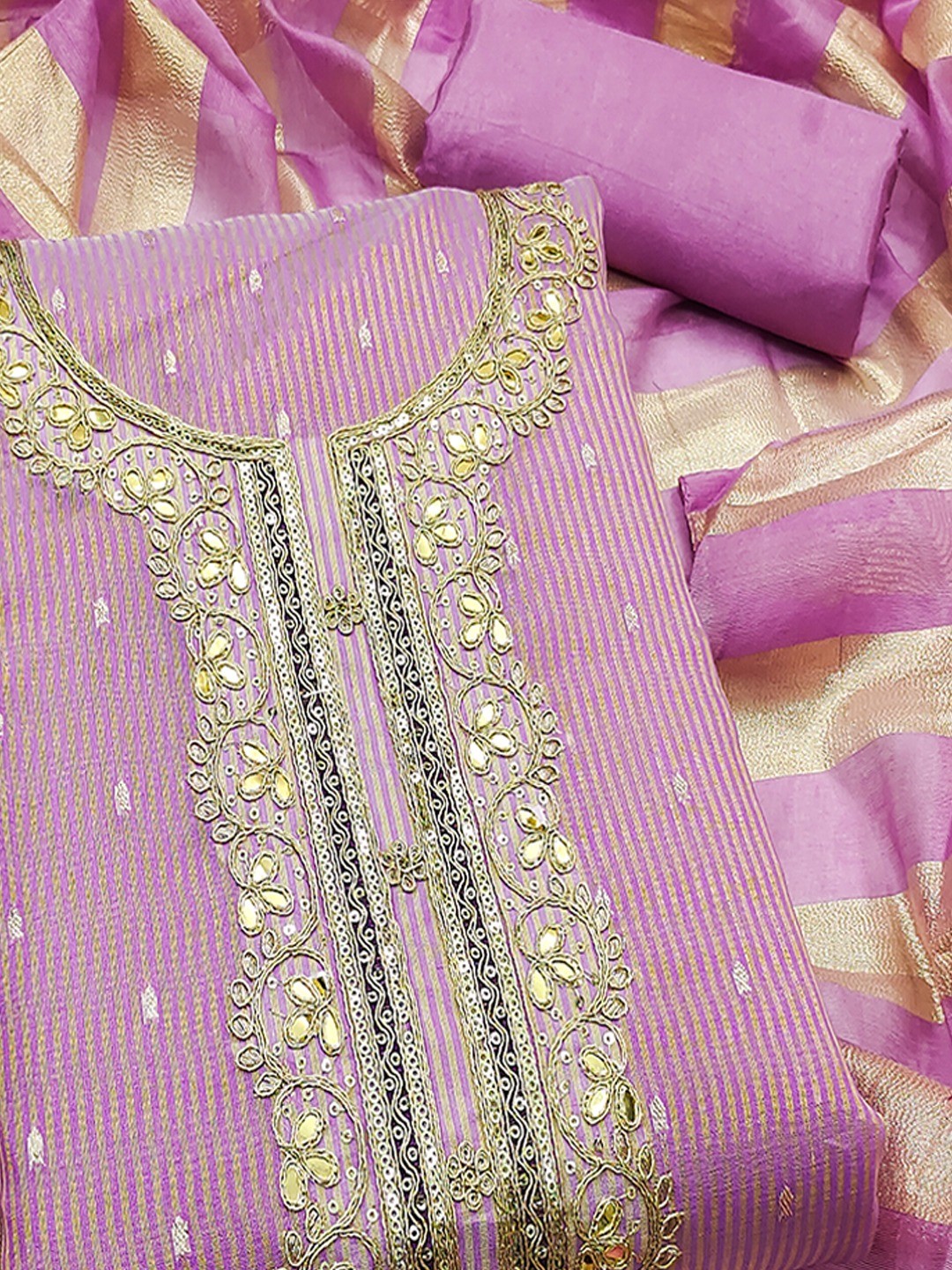 Lavender Striped Weaving Shimmer Dress Material With Intricate Cording Embroidery & Sequins - Image 5