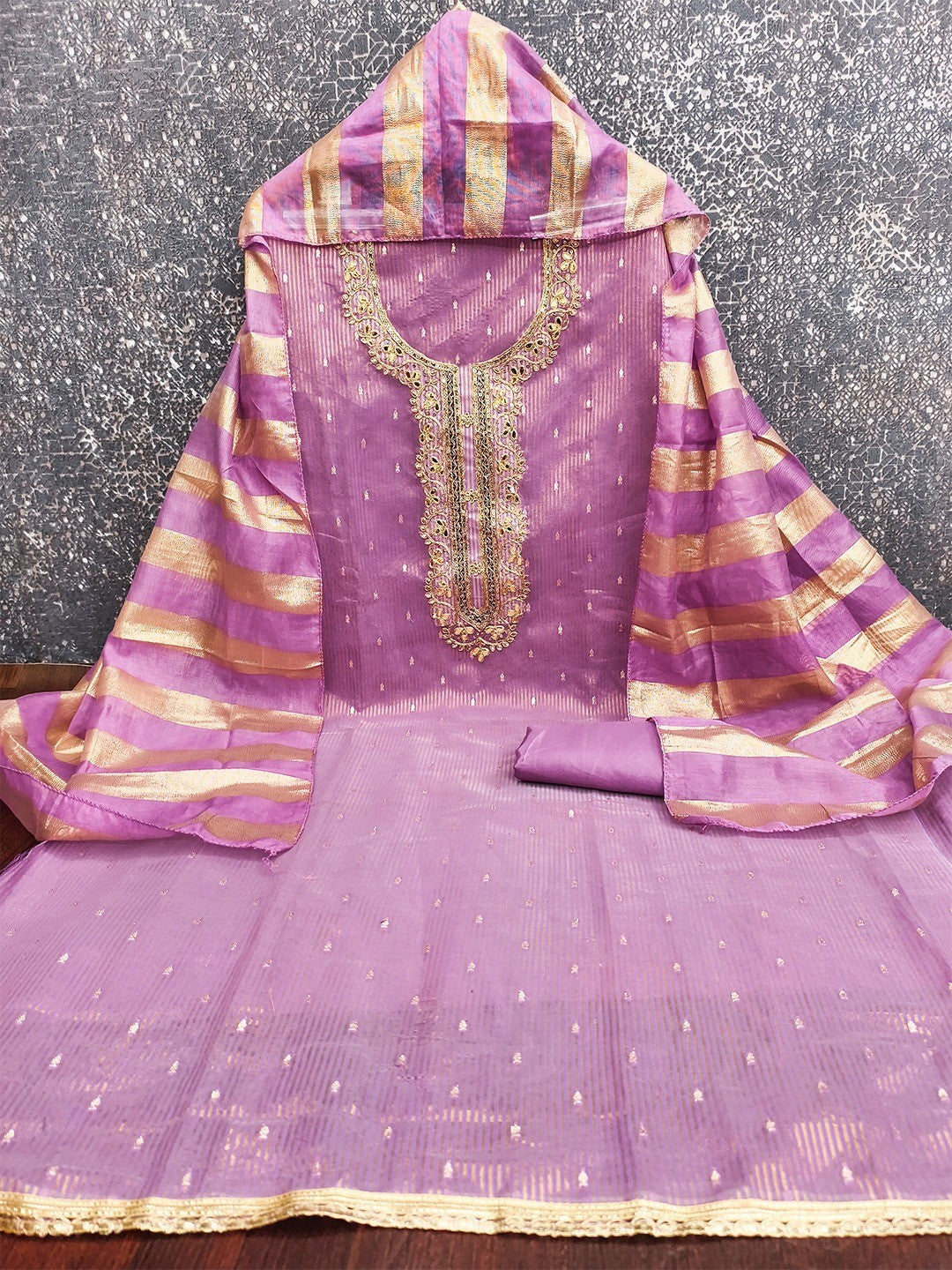 Lavender Striped Weaving Shimmer Dress Material With Intricate Cording Embroidery & Sequins - Image 3