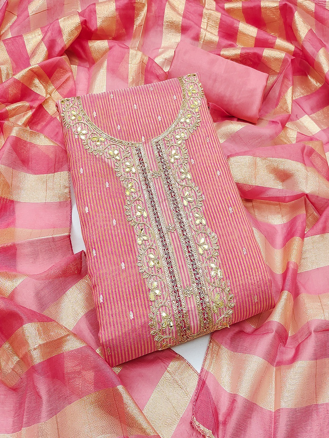 Pink Striped Weaving Shimmer Dress Material With Intricate Cording Embroidery & Sequins - Image 1