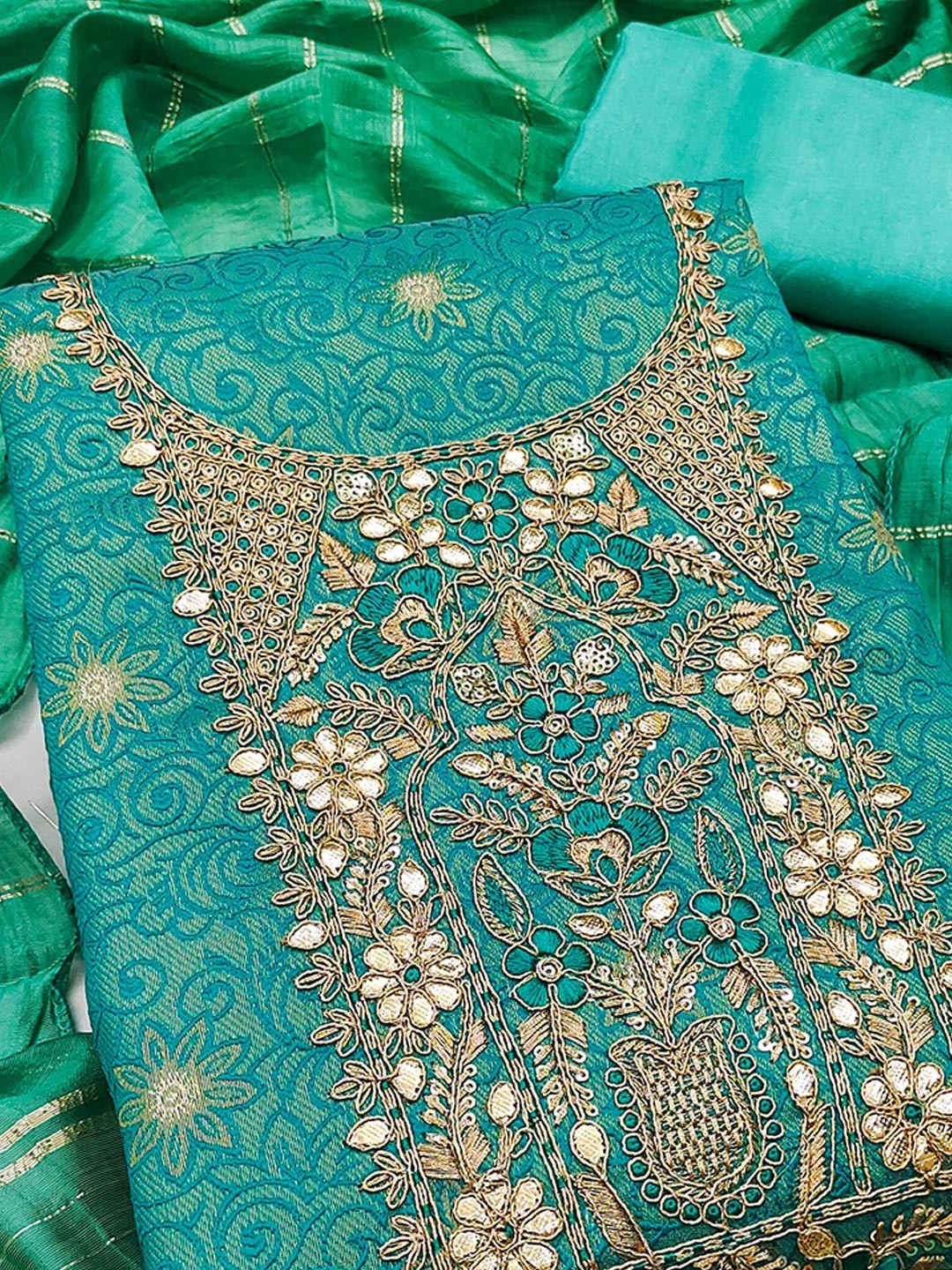 Elite Premium Designer Turquoise Floral Weaving Shimmer Dress Material Featuring Cording Embroidery - Image 5