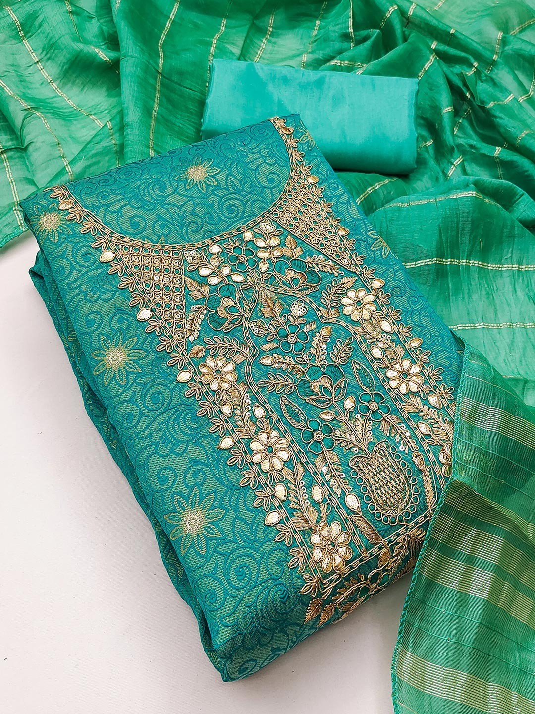 Elite Premium Designer Turquoise Floral Weaving Shimmer Dress Material Featuring Cording Embroidery - Image 4