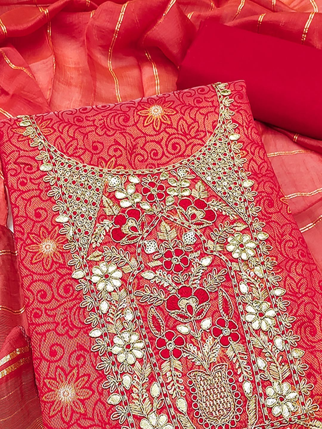 Elite Premium Designer Red Floral Weaving Shimmer Dress Material Featuring Cording Embroidery - Image 5