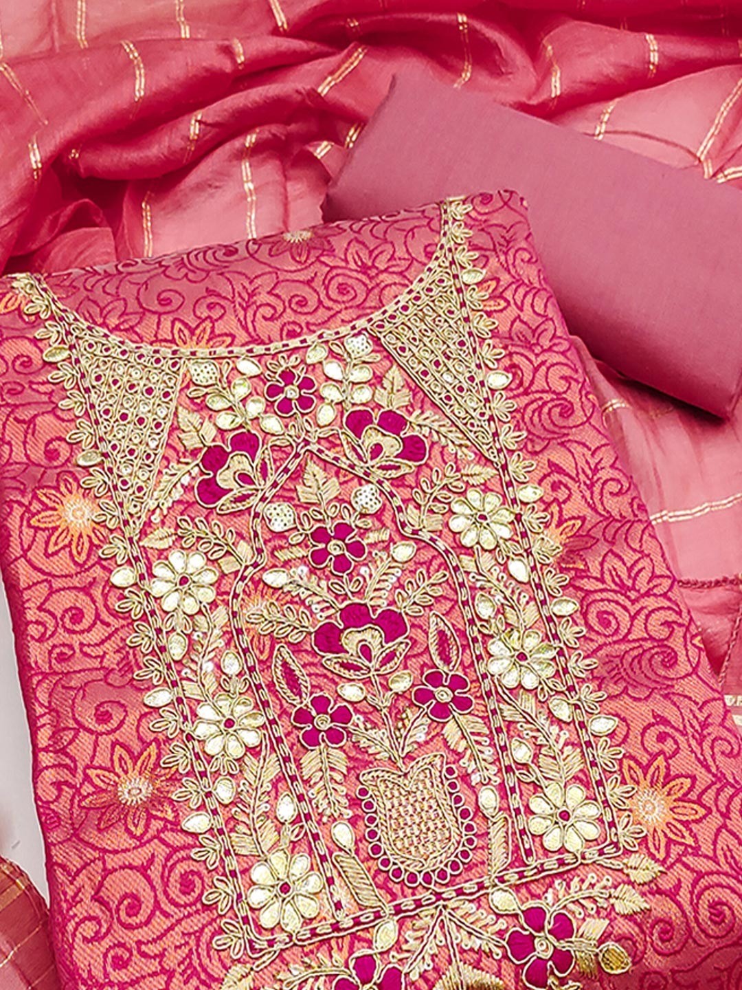 Elite Premium Designer Pink Floral Weaving Shimmer Dress Material Featuring Cording Embroidery - Image 2
