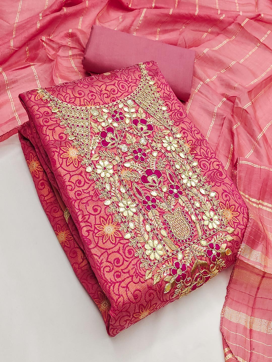 Elite Premium Designer Pink Floral Weaving Shimmer Dress Material Featuring Cording Embroidery - Image 3