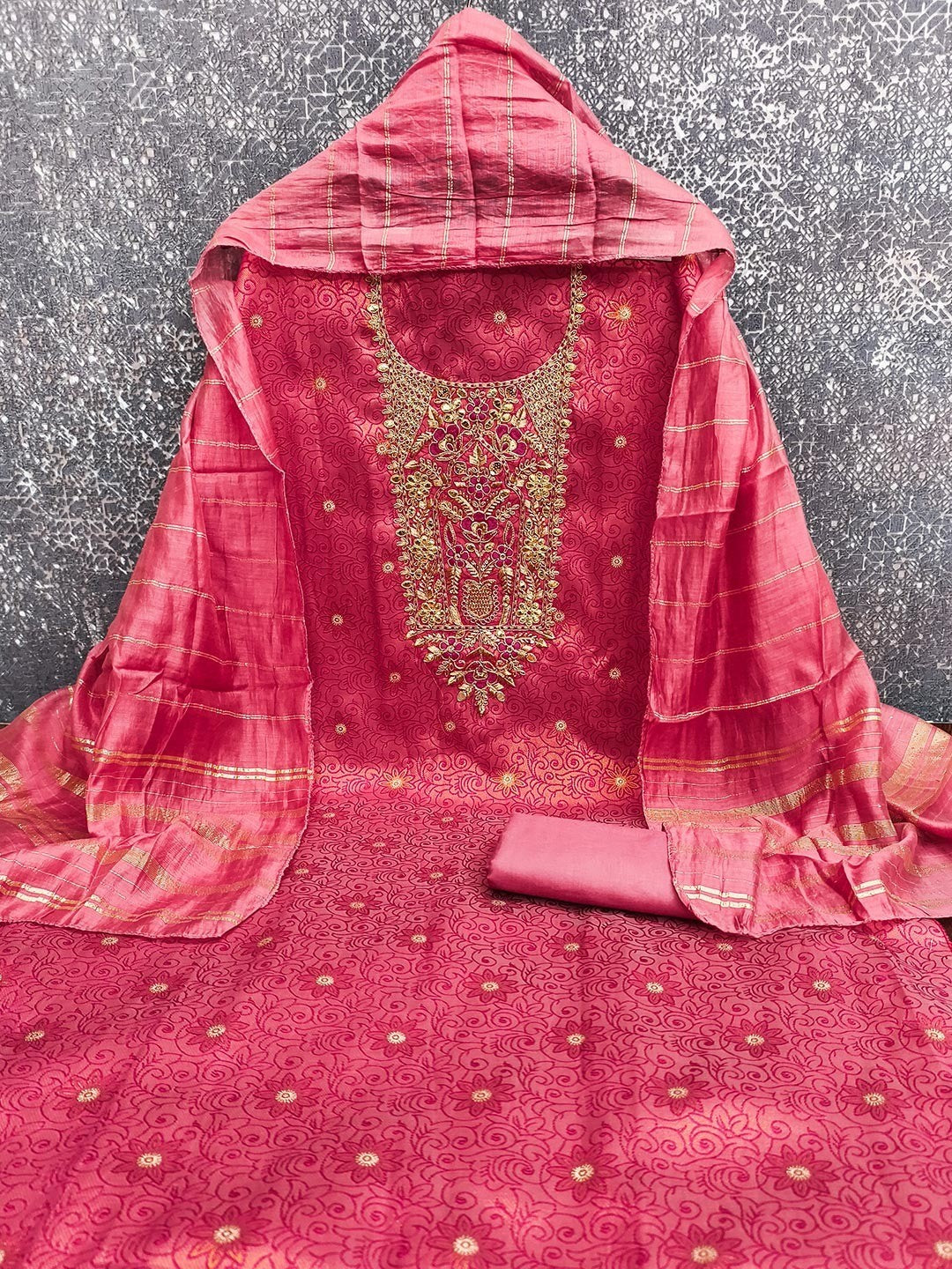 Elite Premium Designer Pink Floral Weaving Shimmer Dress Material Featuring Cording Embroidery - Image 4