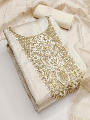 Elite Premium Designer Cream Floral Weaving Shimmer Dress Material Featuring Cording Embroidery - Image 4