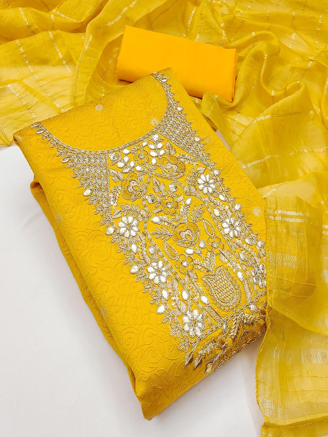 Elite Premium Designer Yellow Floral Weaving Shimmer Dress Material Featuring Cording Embroidery - Image 4