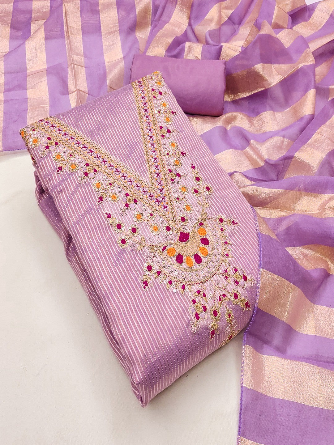 Luxurious Lavender Striped Weaving Shimmer Silk Dress Material With Cording Embroidery & Sequin Work - Image 1