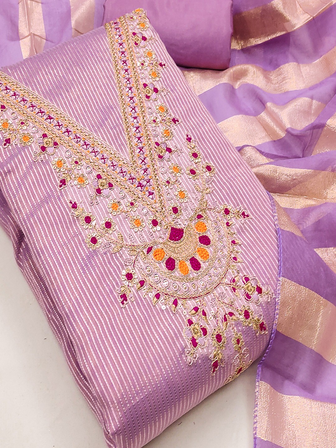 Luxurious Lavender Striped Weaving Shimmer Silk Dress Material With Cording Embroidery & Sequin Work - Image 5