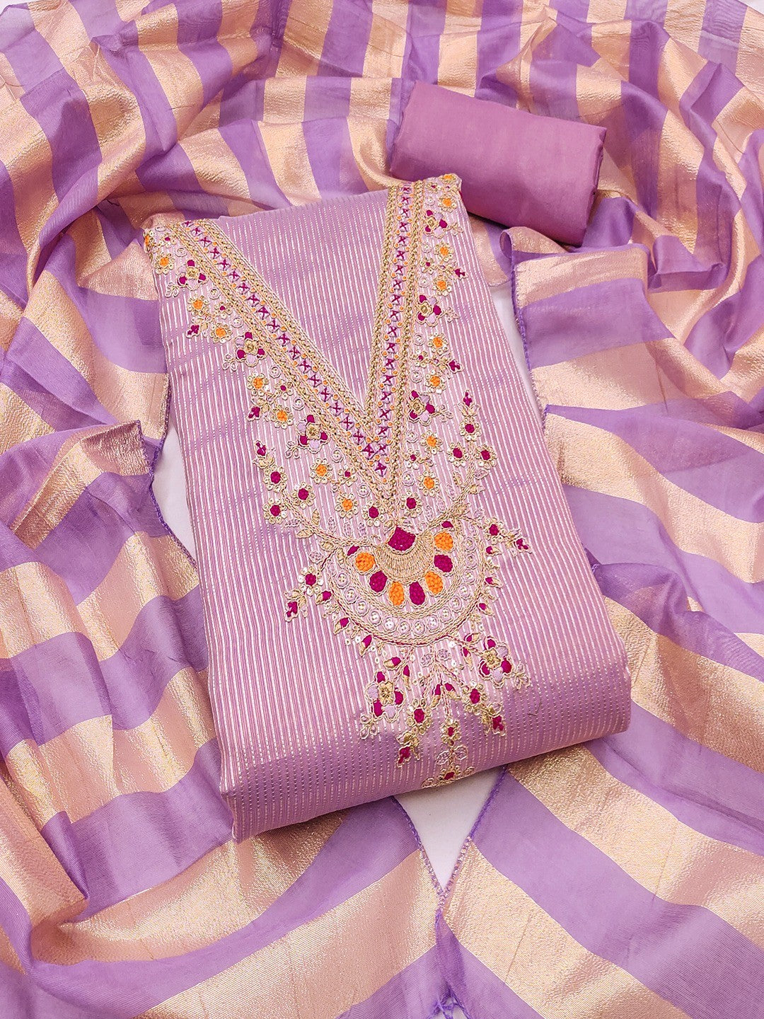 Luxurious Lavender Striped Weaving Shimmer Silk Dress Material With Cording Embroidery & Sequin Work - Image 4