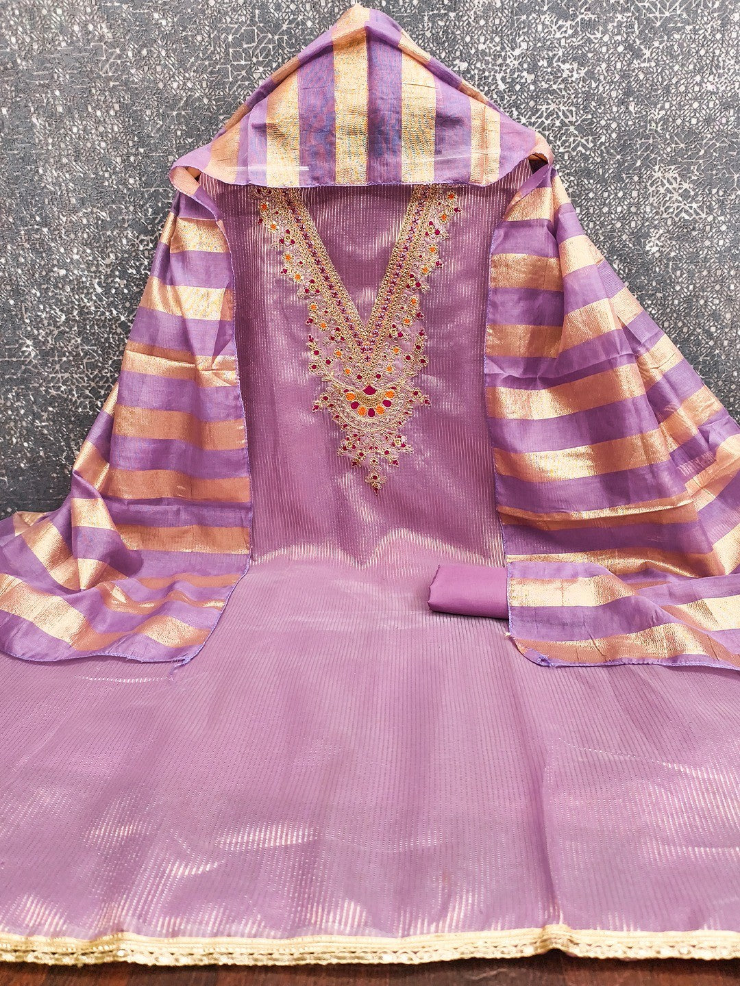 Luxurious Lavender Striped Weaving Shimmer Silk Dress Material With Cording Embroidery & Sequin Work - Image 3