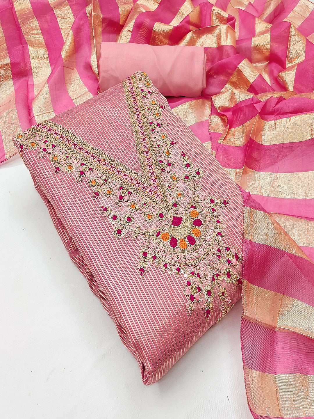 Luxurious Pink Striped Weaving Shimmer Silk Dress Material With Cording Embroidery & Sequins Work - Image 1