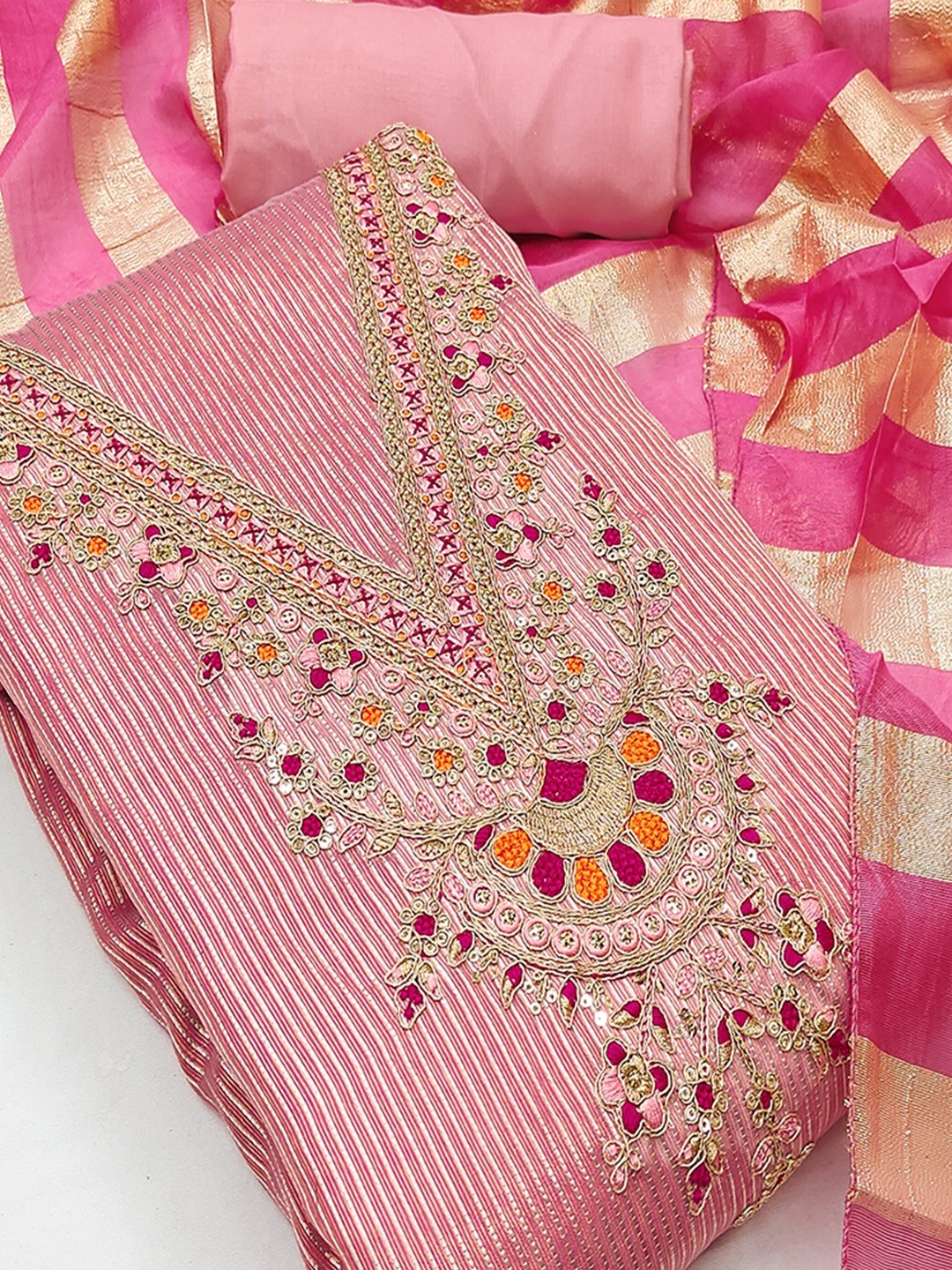 Luxurious Pink Striped Weaving Shimmer Silk Dress Material With Cording Embroidery & Sequins Work - Image 4