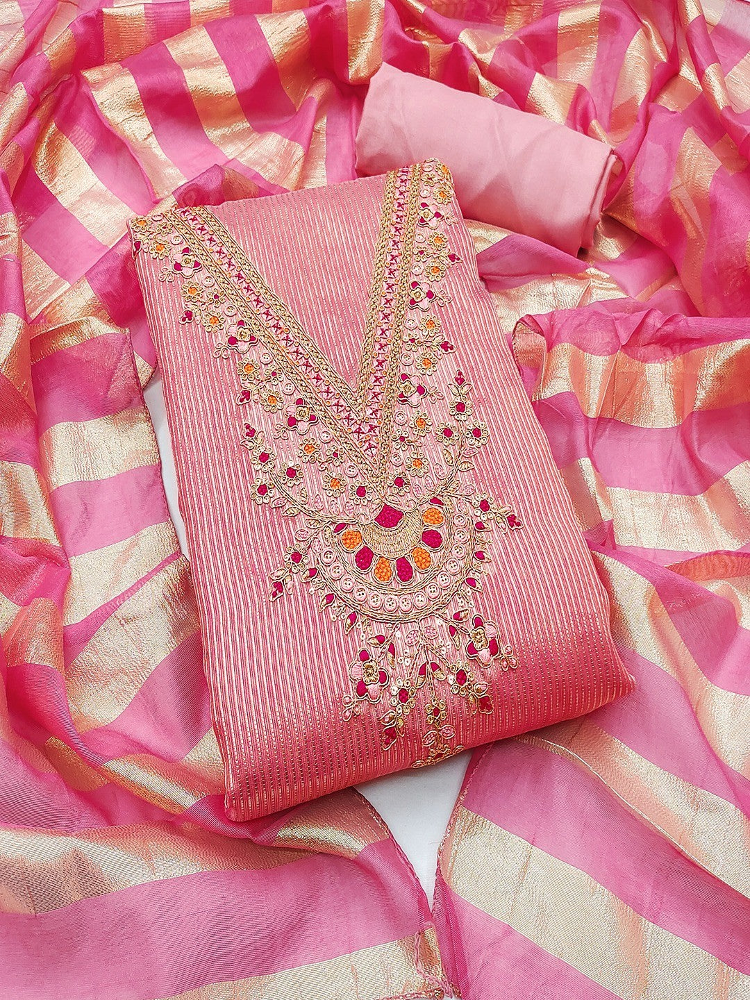 Luxurious Pink Striped Weaving Shimmer Silk Dress Material With Cording Embroidery & Sequins Work - Image 2