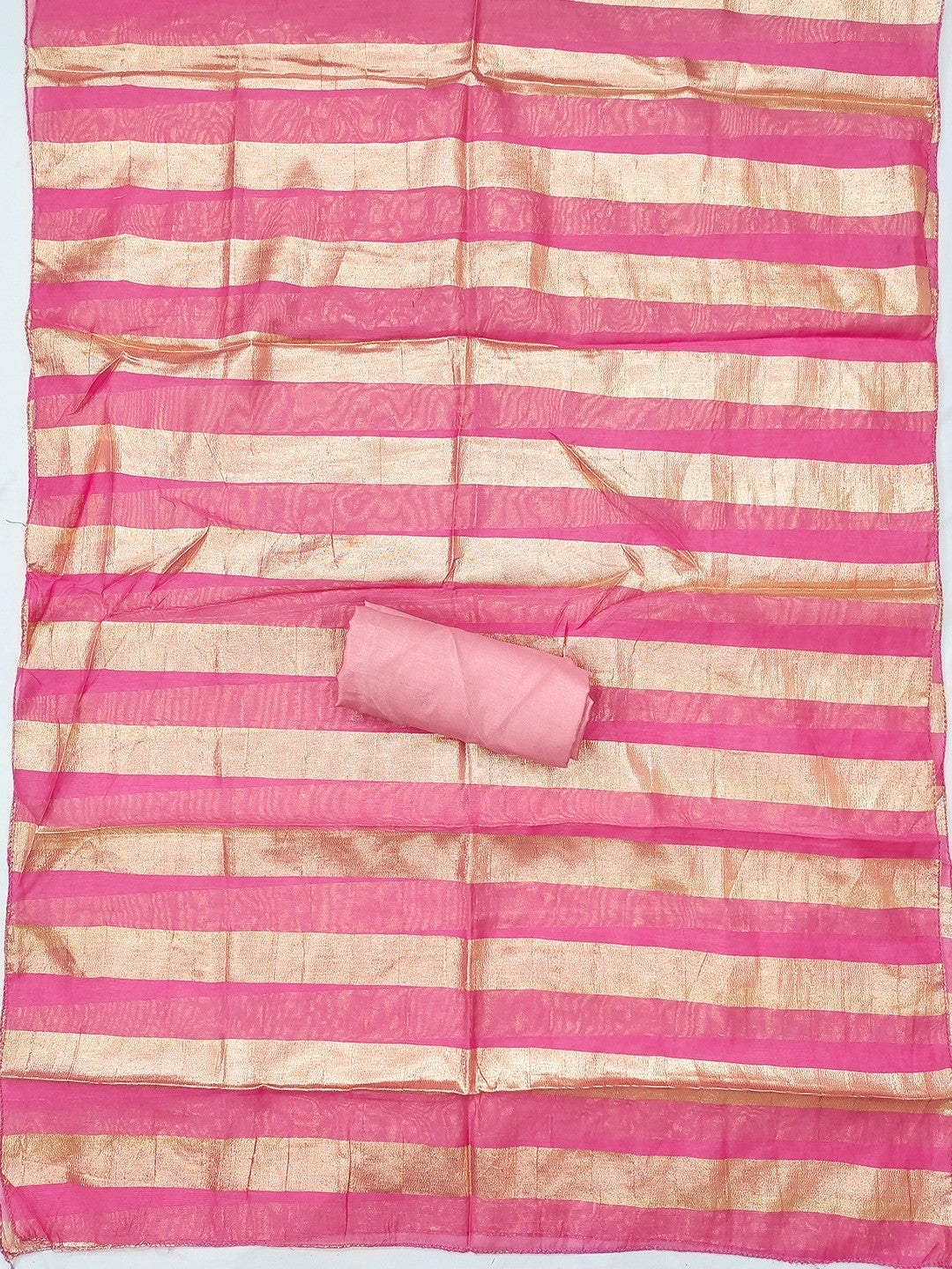 Luxurious Pink Striped Weaving Shimmer Silk Dress Material With Cording Embroidery & Sequins Work - Image 5