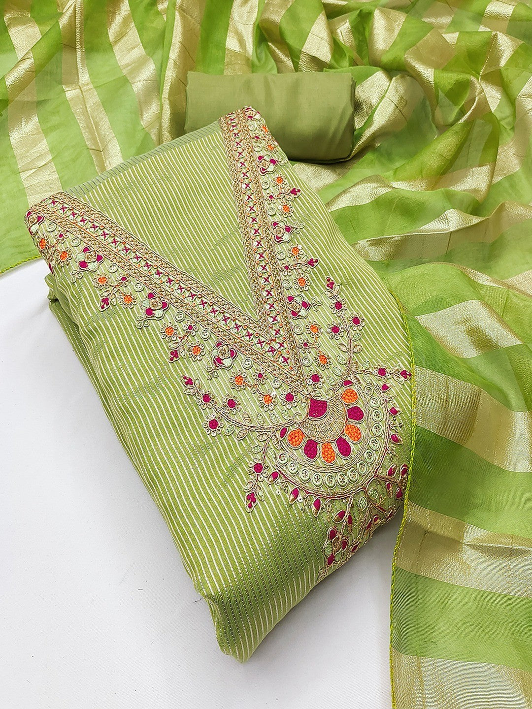 Luxurious Green Striped Weaving Shimmer Silk Dress Material With Cording Embroidery & Sequins Work - Image 1