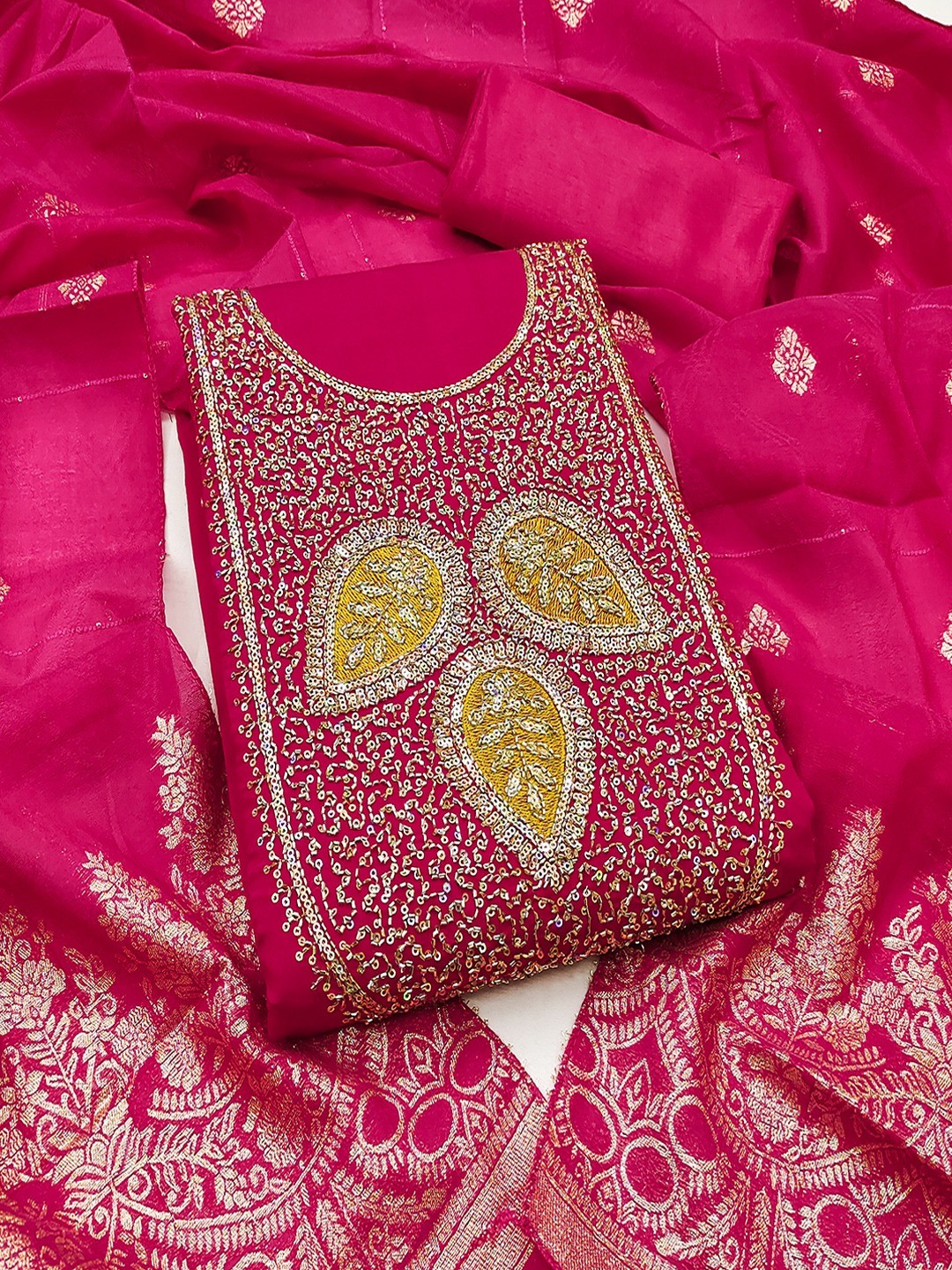 Designer Rani Pink Art Silk Dress Material Enhanced With Beads & Sequins Embroidered Work - Image 1