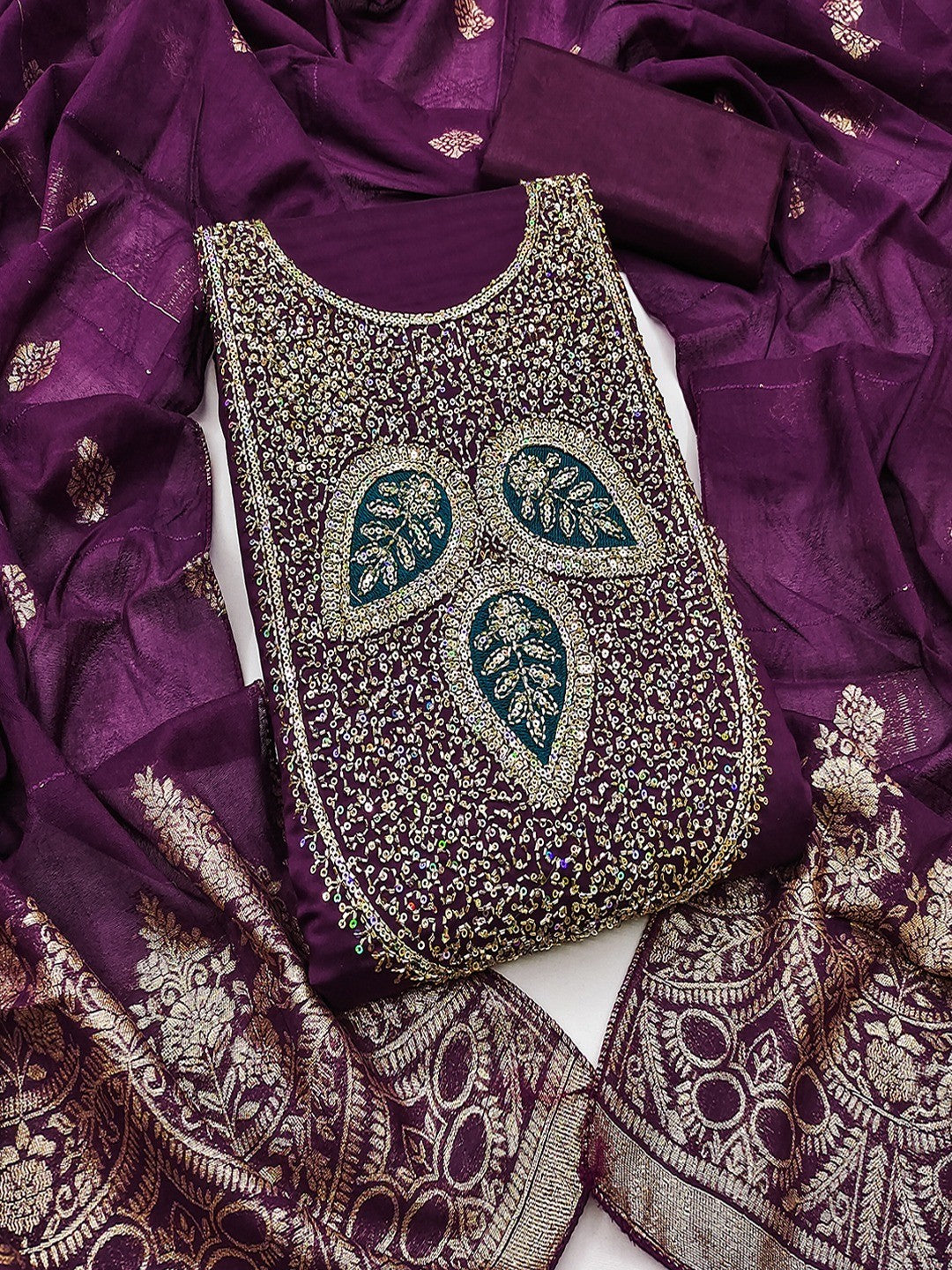 Designer Wine Art Silk Dress Material Enhanced With Beads & Sequins Embroidered Work - Image 1