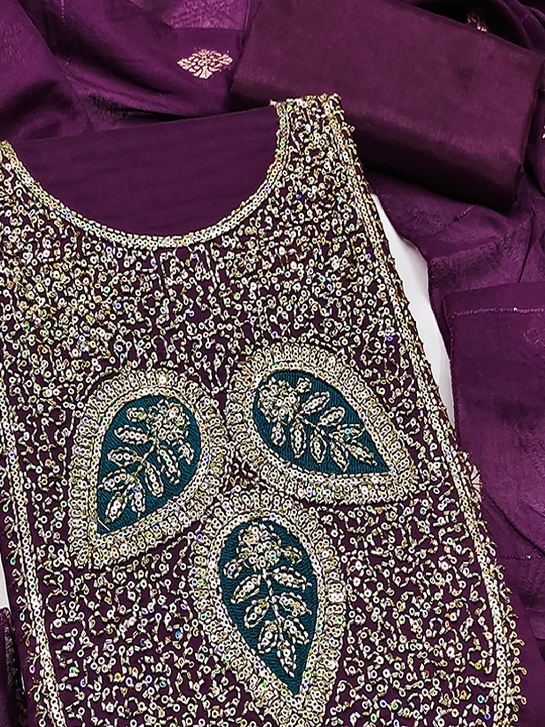 Designer Wine Art Silk Dress Material Enhanced With Beads & Sequins Embroidered Work - Image 3