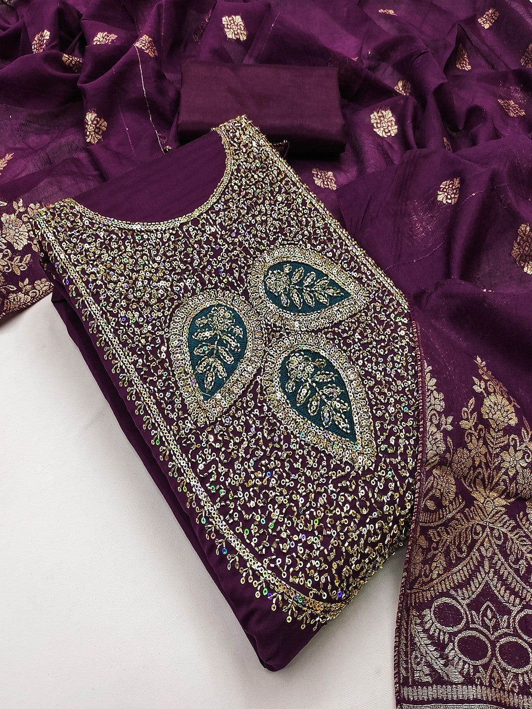 Designer Wine Art Silk Dress Material Enhanced With Beads & Sequins Embroidered Work - Image 2