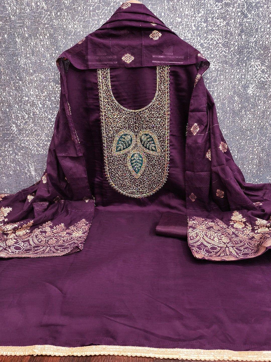 Designer Wine Art Silk Dress Material Enhanced With Beads & Sequins Embroidered Work - Image 5